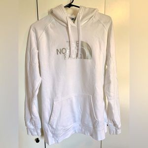 white holographic north face hooded sweatshirt women’s large